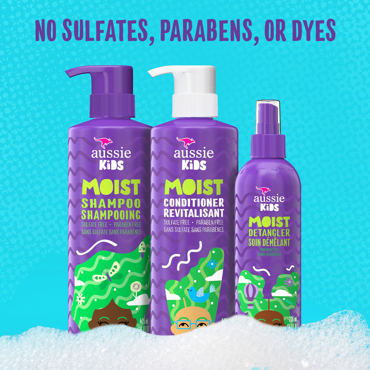 Child using Aussie kids detangler spray for easier brushing and fewer tangles