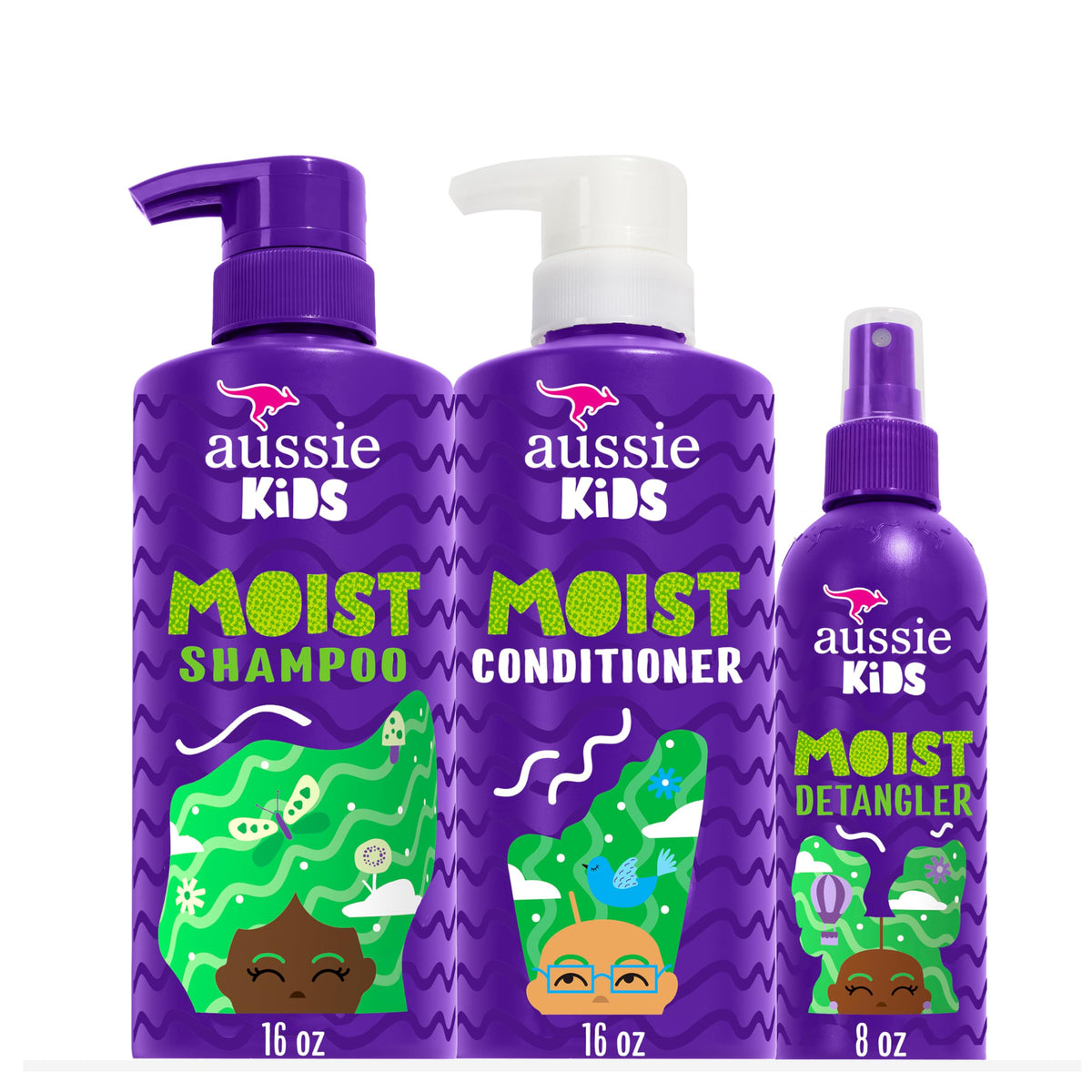 Aussie kids front packaging showing three-piece bundle and benefit of tangle-free care