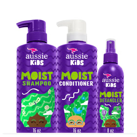 Aussie kids front packaging showing three-piece bundle and benefit of tangle-free care