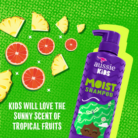 Aussie kids label close-up showing paraben-free, dye-free ingredient benefits