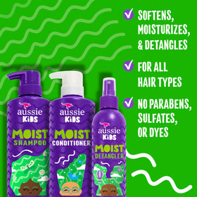 Aussie kids shampoo bottle closeup highlighting gentle sulfate-free cleansing
