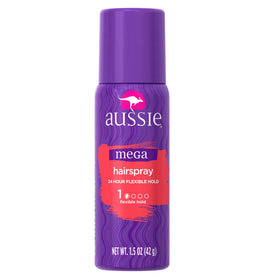 Aussie Mega Hairspray front packaging showing travel-sized can and label benefits