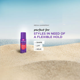 Aussie Mega Hairspray inside a travel bag showing portability and quick touch-up use