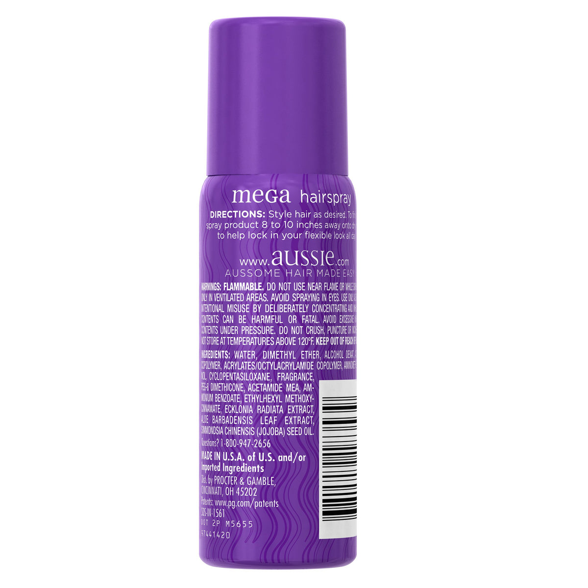 Aussie Mega Hairspray side label close-up highlighting ingredients and directions