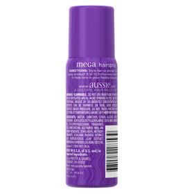 Aussie Mega Hairspray side label close-up highlighting ingredients and directions