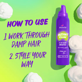 Aussie mousse applied at roots on damp hair for instant lift