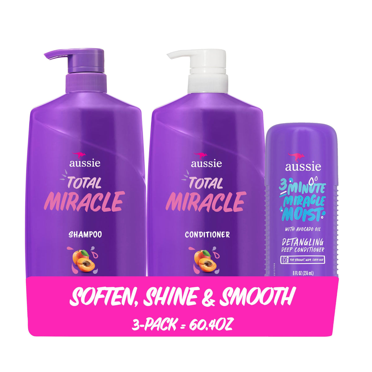 Aussie front packaging showing shampoo conditioner and treatment benefits