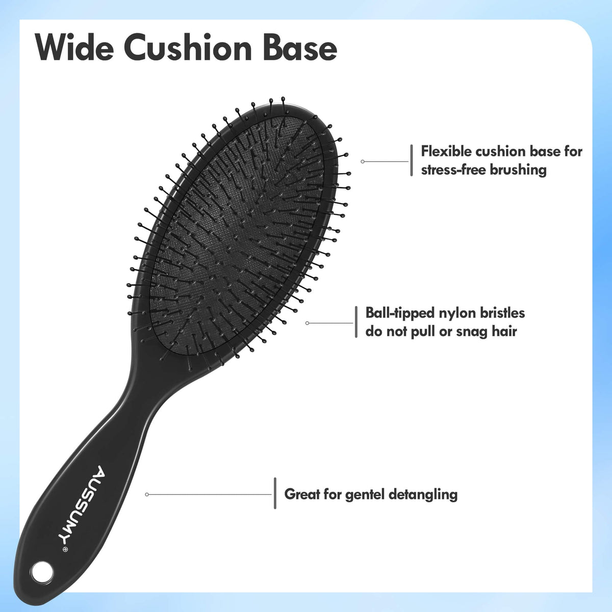 Aussumy closeup of ultra soft rounded bristles protecting hair while detangling