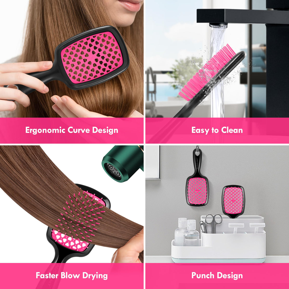 Aussumy detangling brush in use on wet hair to gently remove knots and reduce pulling