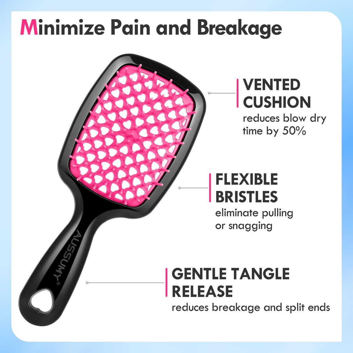 Aussumy close-up of soft flexible bristles protecting hair from breakage