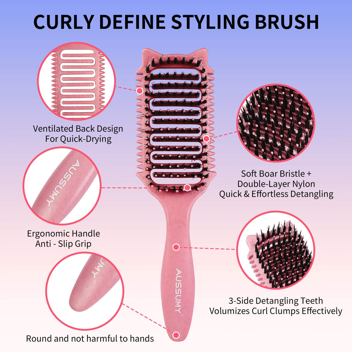 Aussumy close-up of boar bristles smoothing hair for added shine