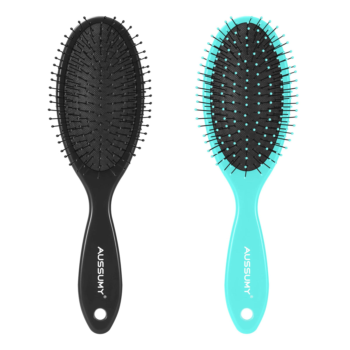Aussumy front view of two brushes showing ergonomic handles and colors for easy grip