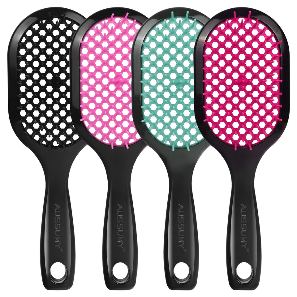 Aussumy front view brush showing compact vented body and soft bristles for easy detangling