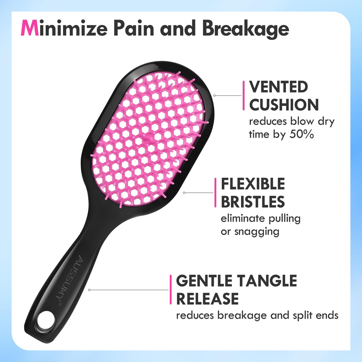 Aussumy close-up of soft flexible bristles protecting hair from breakage and pain