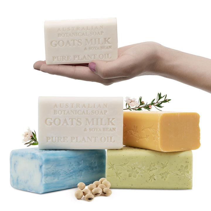 Australian Botanical front packaging showing four soap bars and variety benefit