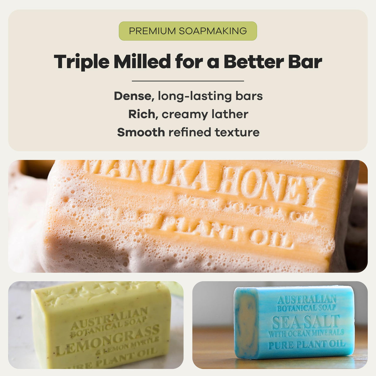 Australian Botanical lemongrass bar in hand illustrating invigorating citrus scent