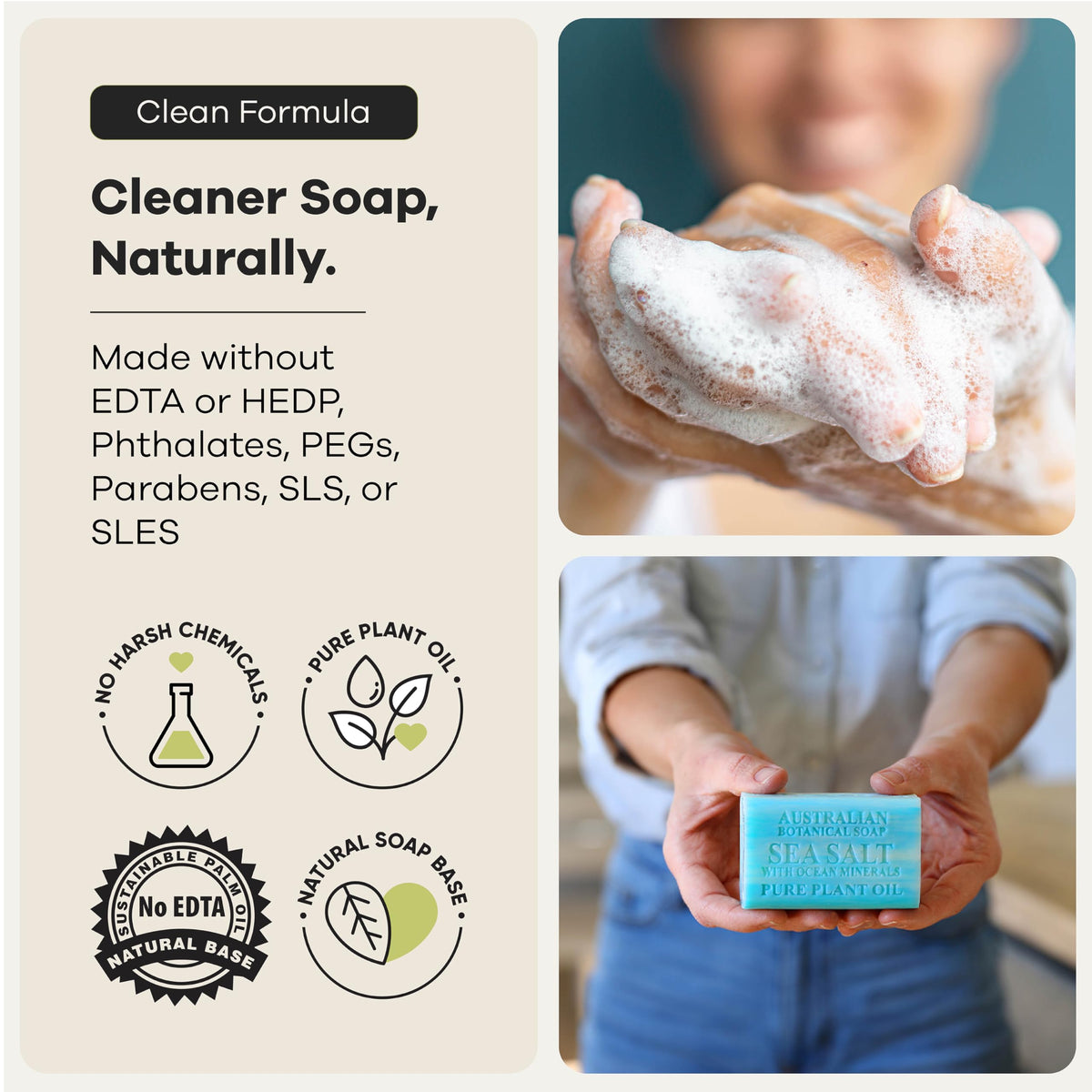 Australian Botanical Soap bar next to a ruler showing larger, long-lasting size