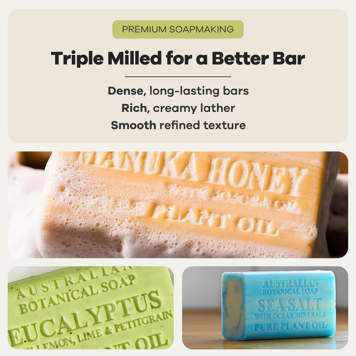Australian Botanical Soap eucalyptus bar texture with visible botanicals for refreshing cleanse