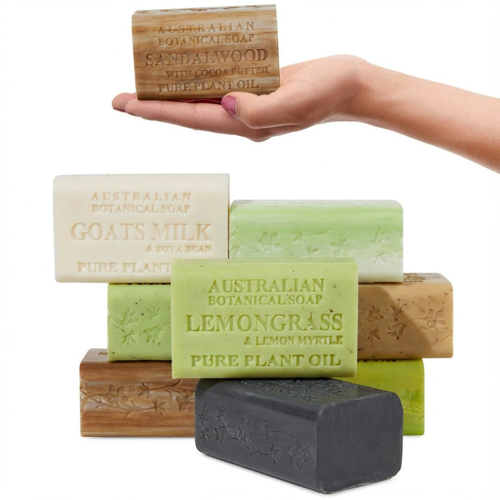 Australian Botanical Soap front packaging showing eight large bars and variety benefits