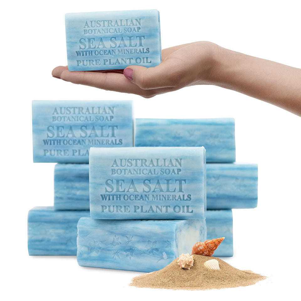Australian Botanical Soap front packaging showing 8 bars and clear labeling benefit long lasting