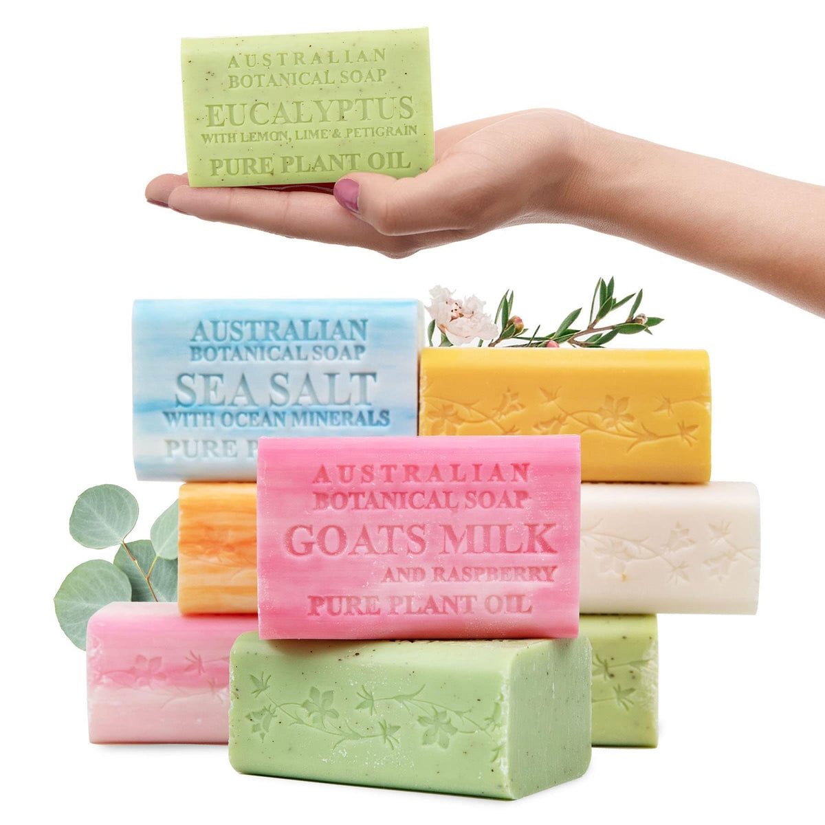 Australian Botanical Soap front pack showing eight chunky bars and variety benefits