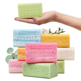 Australian Botanical Soap front pack showing eight chunky bars and variety benefits