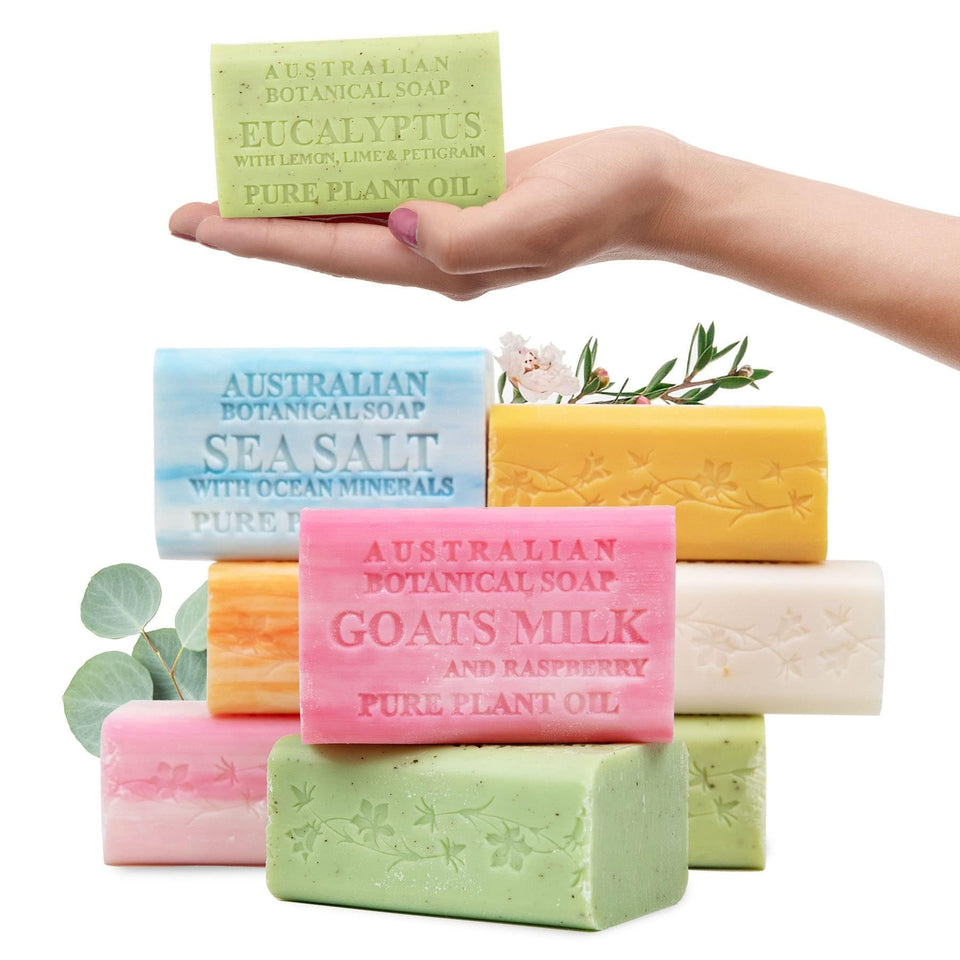 Australian Botanical Soap front pack showing eight chunky bars and variety benefits