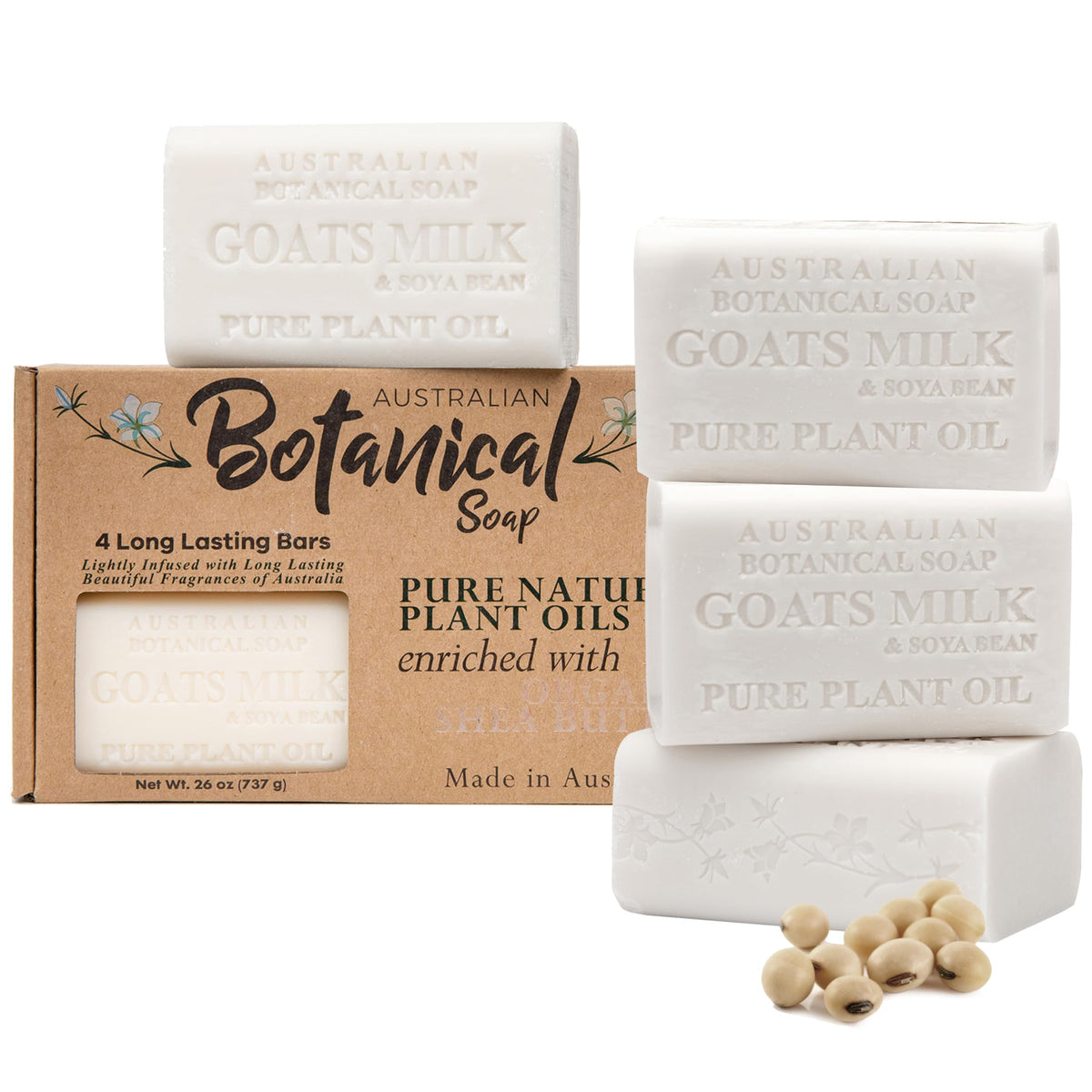 Australian Botanical Soap front packaging showing four bars and benefits