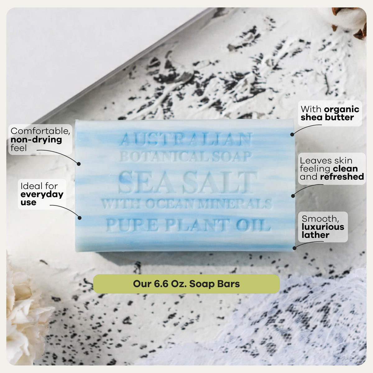 Australian Botanical Soap shea butter ingredient display conveying nourishing richness
