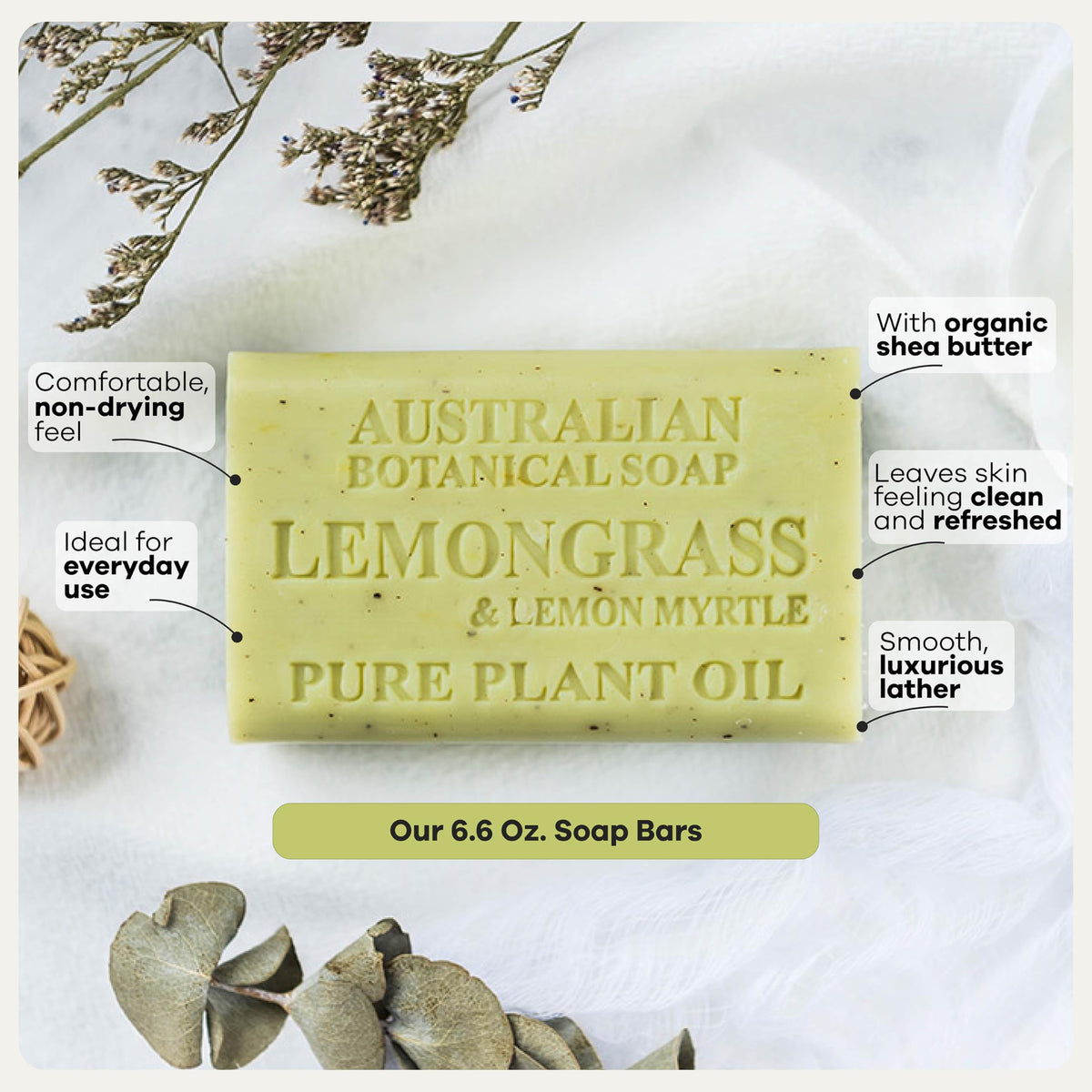 Australian Botanical Soap label detail showing ingredients and organic shea butter benefit