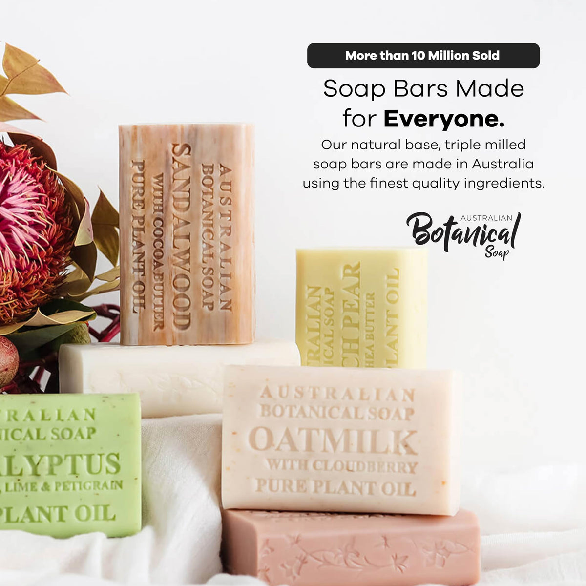 Australian Botanical Soap eight bars arranged showing value and reliable supply