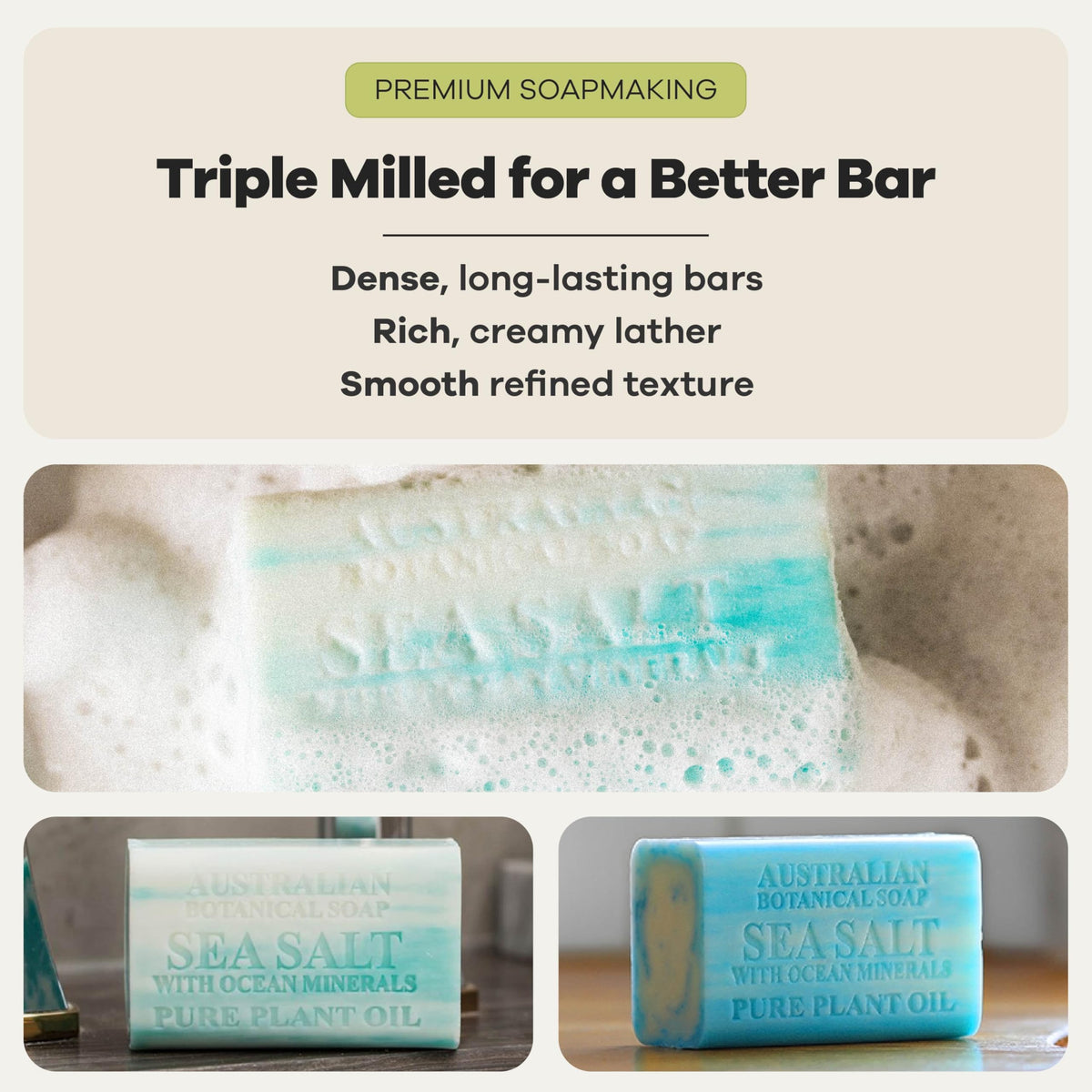 Australian Botanical Soap sea salt and ocean minerals ingredient layout illustrating natural fragrance