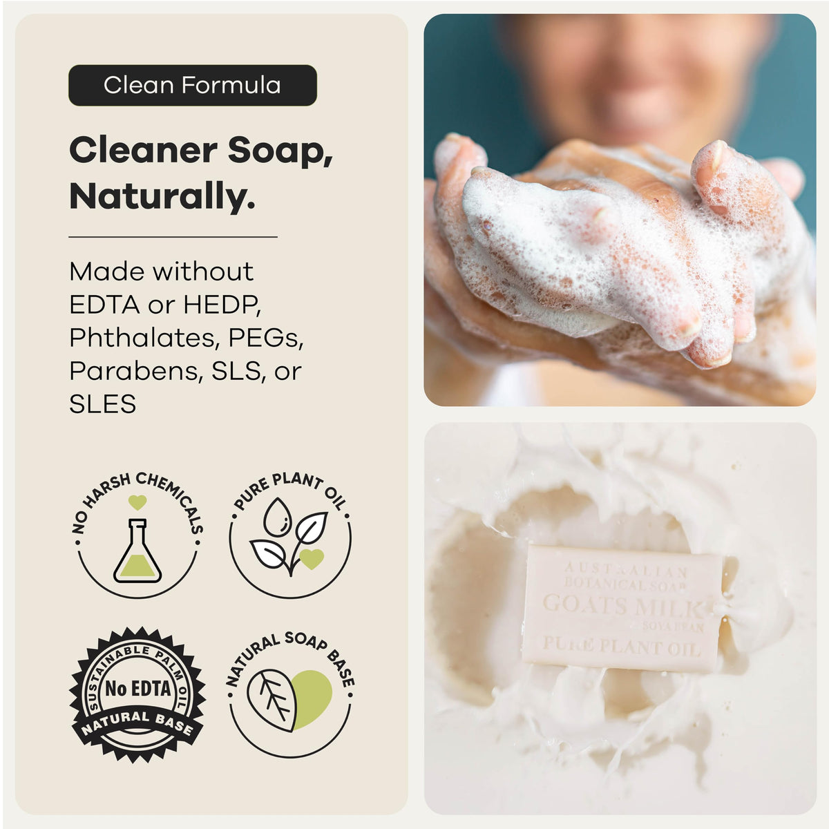 Australian Botanical Soap next to a hand for scale showing 6.8 oz size and travel convenience