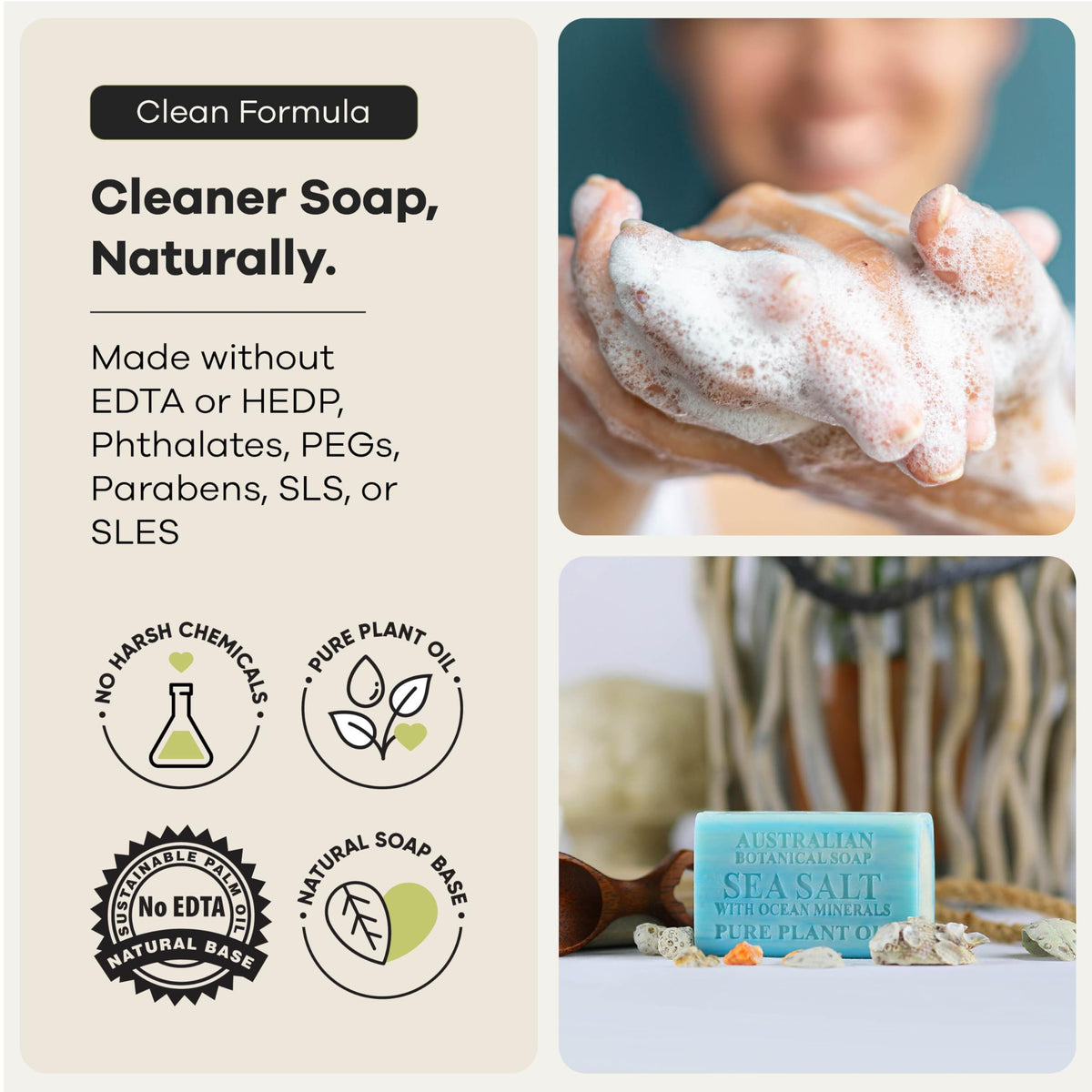 Australian Botanical Soap bar held in hand showing 6.6 oz size and lasting value
