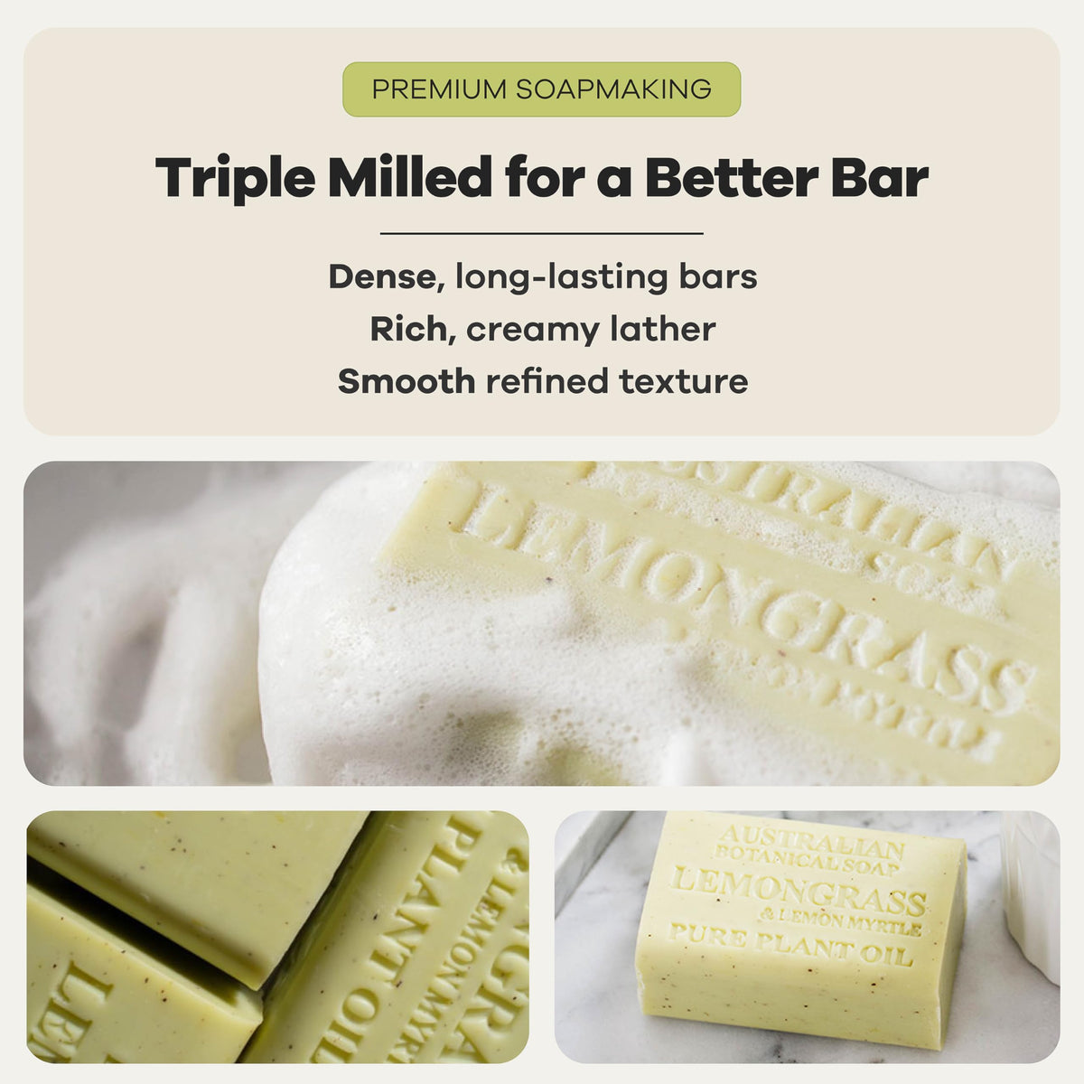 Australian Botanical Soap size comparison with a phone showing large 6.6 oz bar