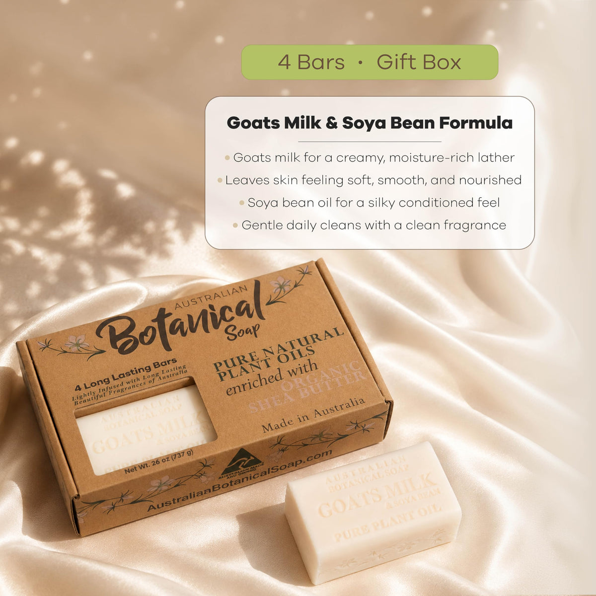 Australian Botanical Soap stack of four bars indicating long-lasting supply