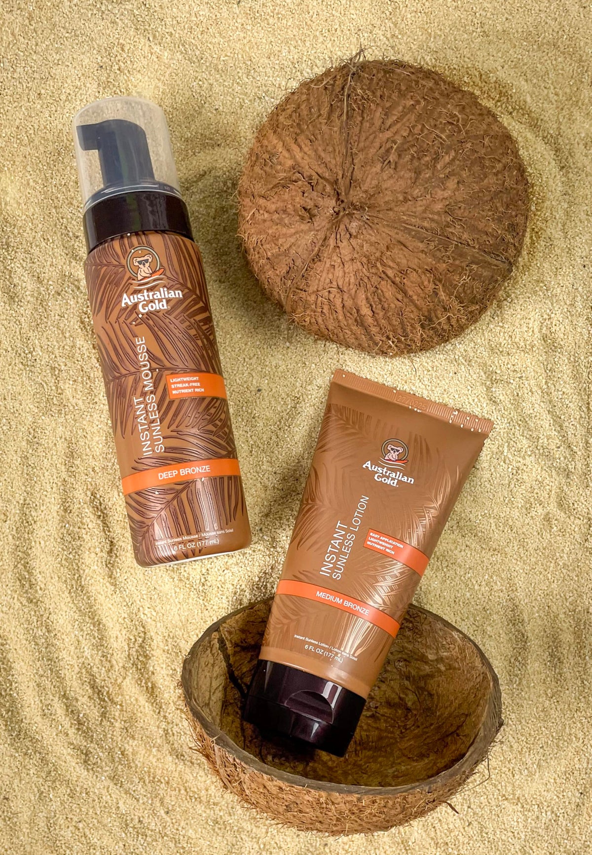 Australian Gold bottle staged in summer setting showing lifestyle appeal and natural glow benefit