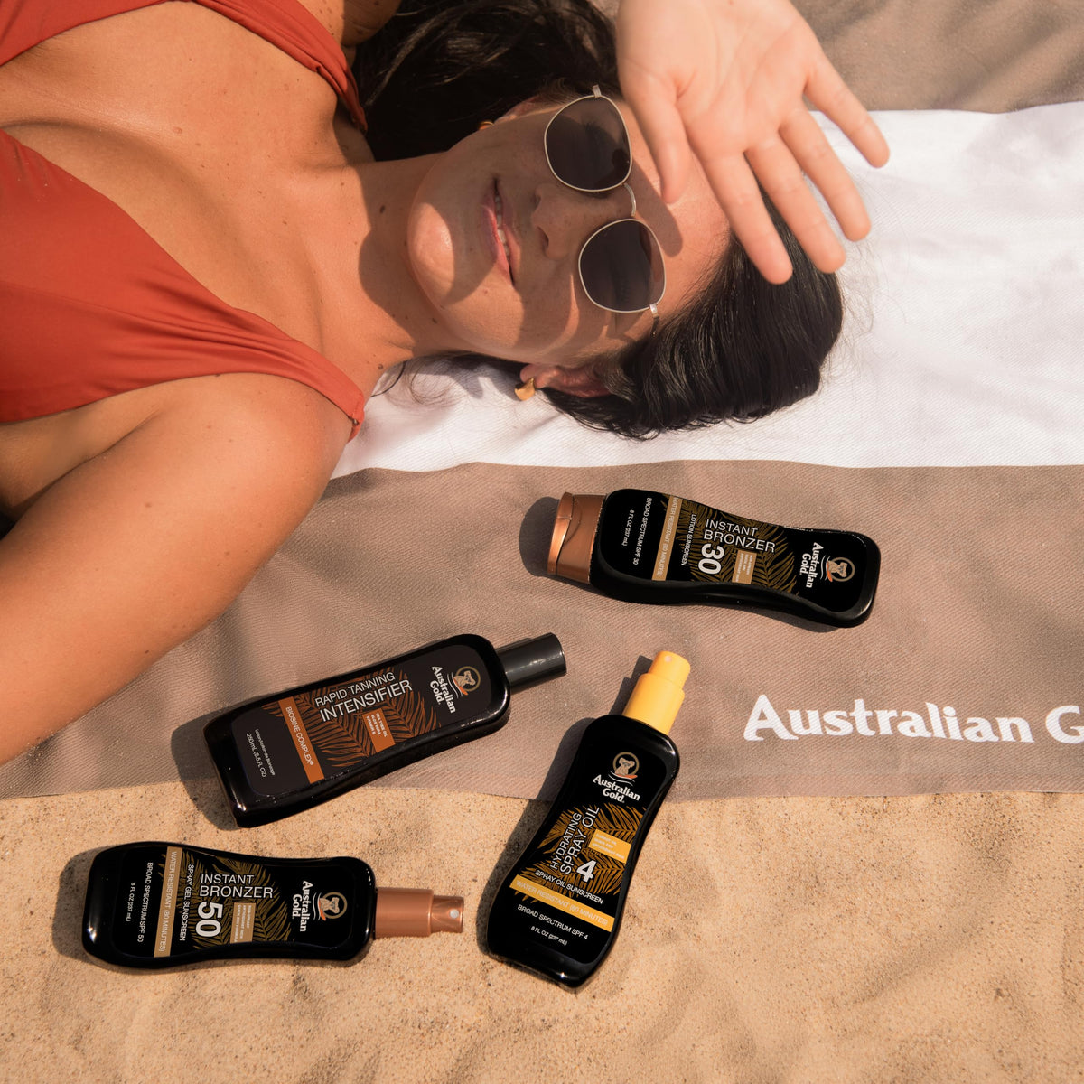 Australian Gold bronzer before-and-after arm demonstrating instant color