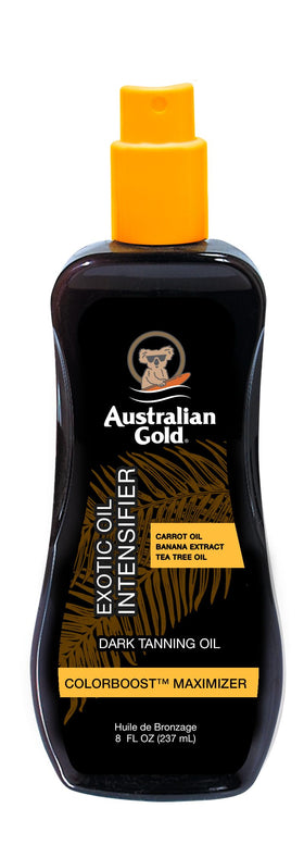 Australian Gold front bottle shot showing label and net 8 fl oz size, boosts tan