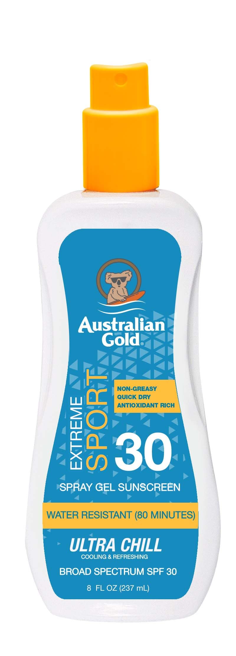 Australian Gold front packaging showing SPF 30 and spray-gel benefits