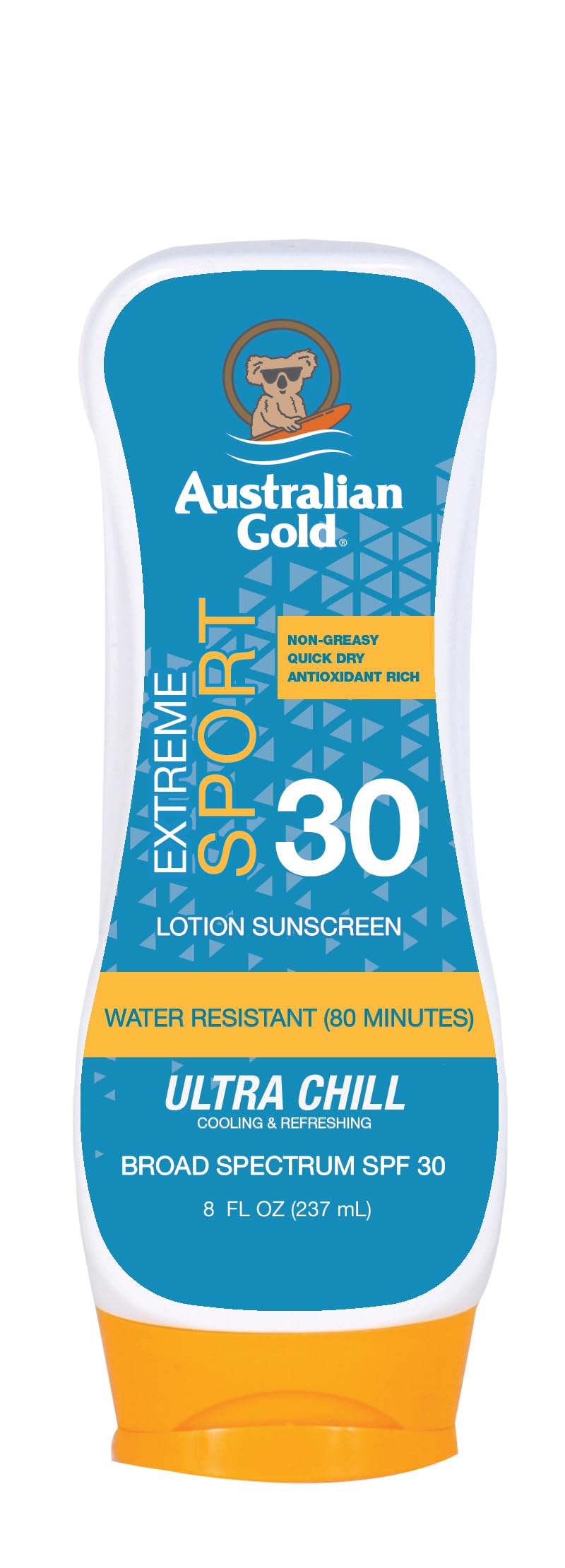 Australian Gold front packaging showing SPF 30 and sport features for confident protection