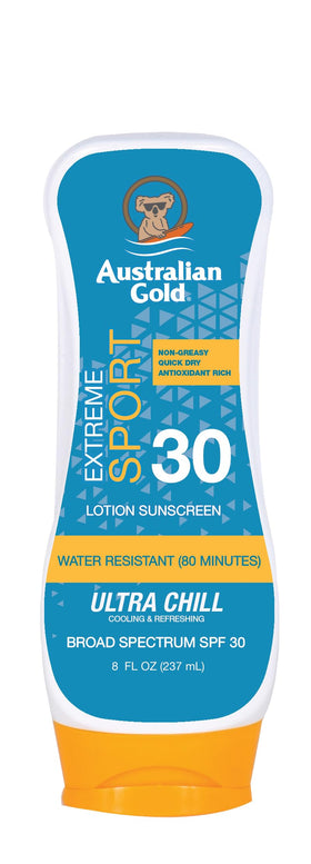 Australian Gold front packaging showing SPF 30 and sport features for confident protection