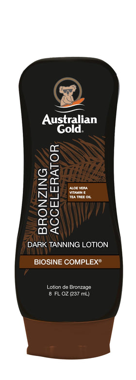Australian Gold front bottle showing label and bronzer benefits