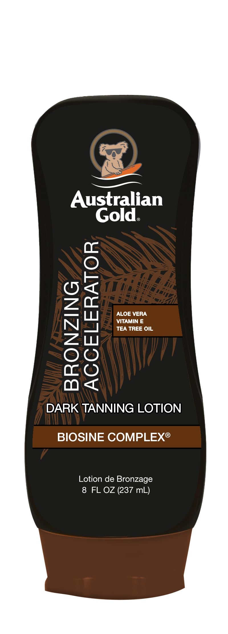 Australian Gold front bottle showing label and bronzer benefits