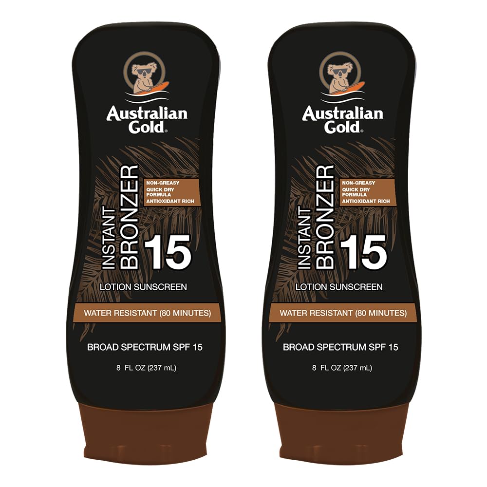 Australian Gold front packaging twin pack showing bronzer and SPF benefits