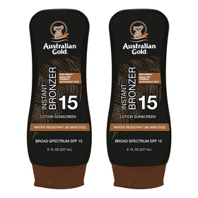Australian Gold front packaging twin pack showing bronzer and SPF benefits