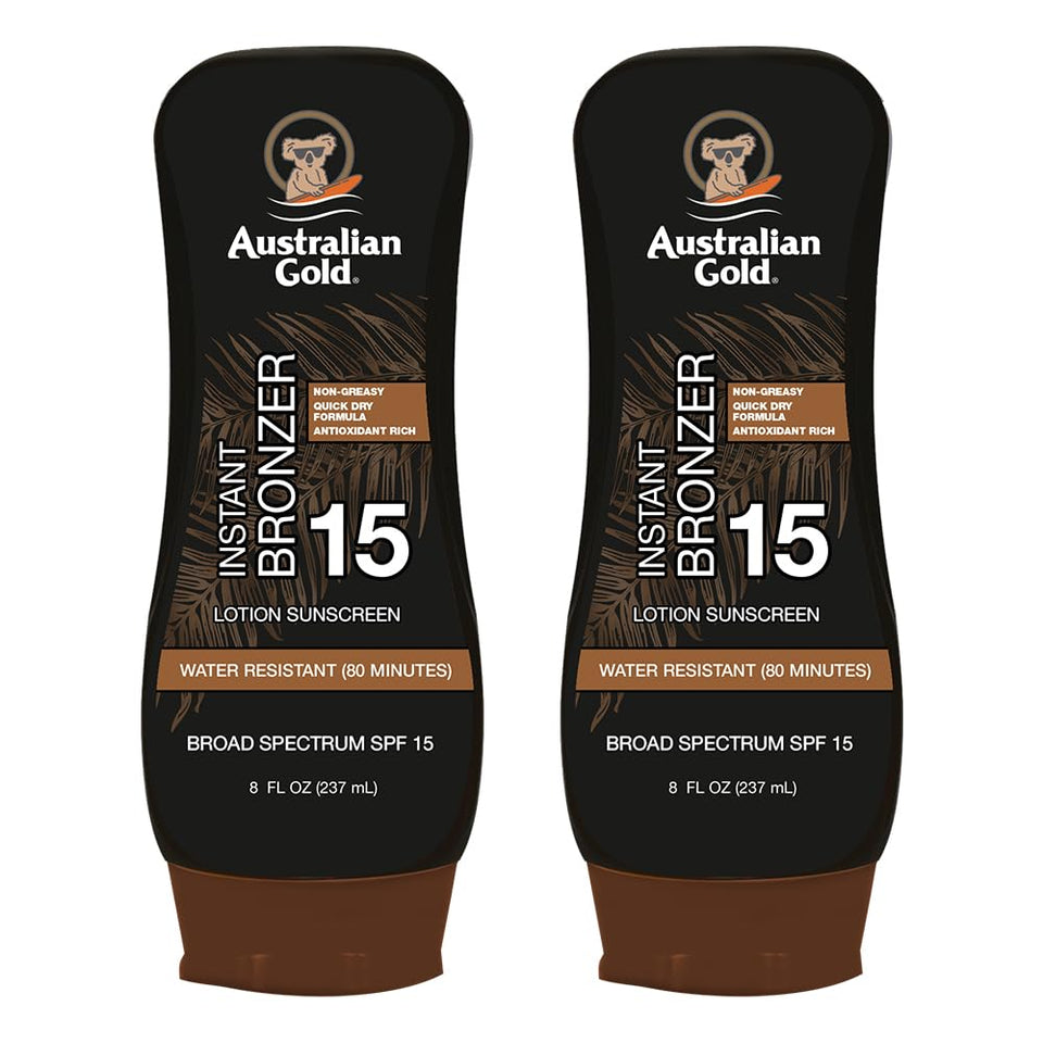 Australian Gold front packaging twin pack showing bronzer and SPF benefits