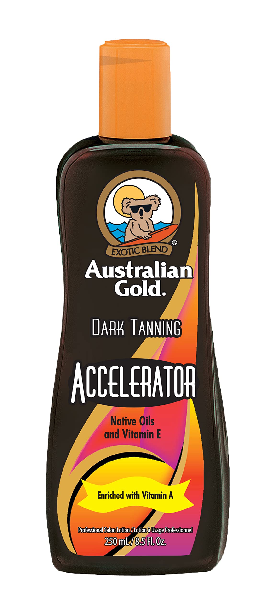 Australian Gold front packaging showing bottle and label, promises deeper tan