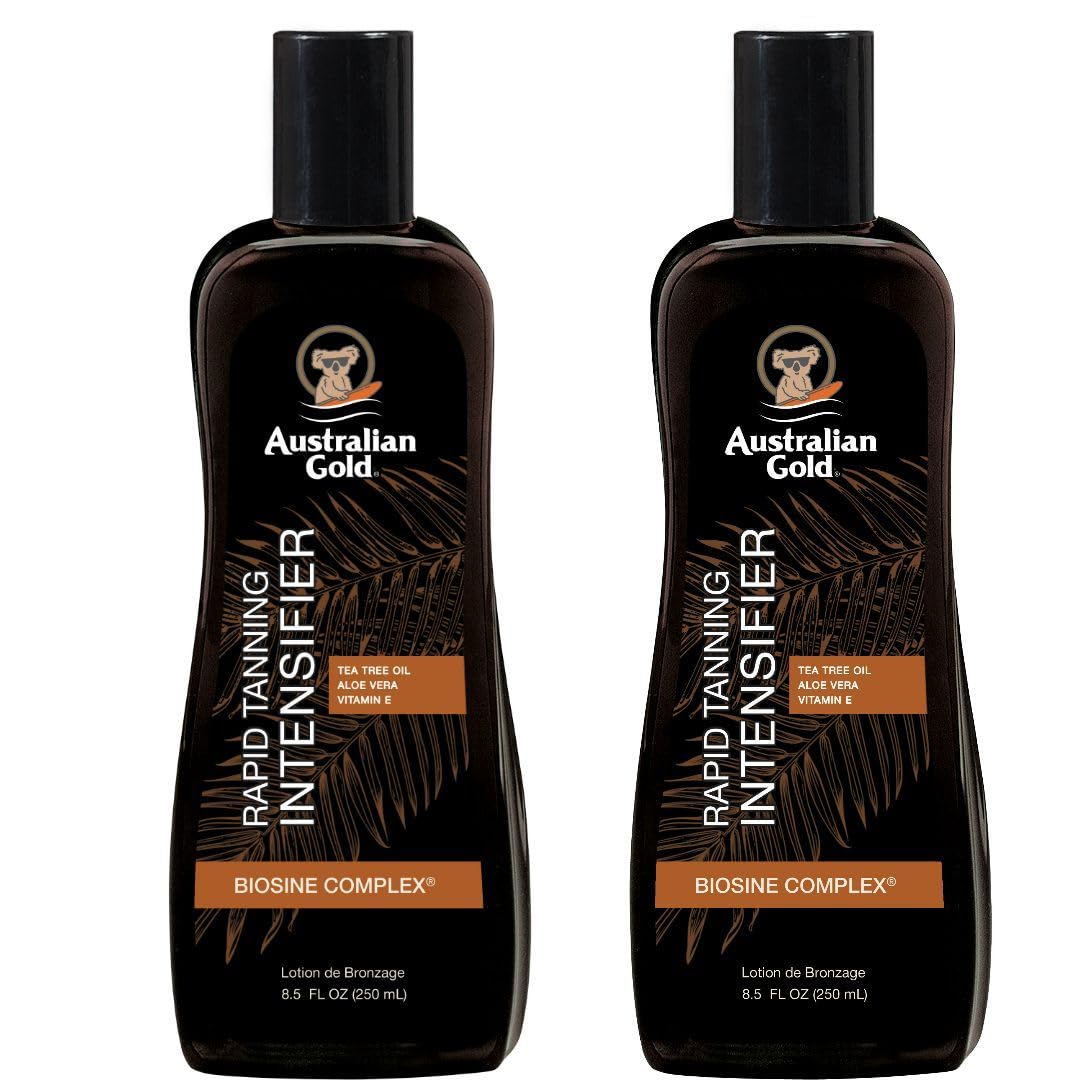 Australian Gold front packaging of rapid tanning intensifier showing bottle and label benefit