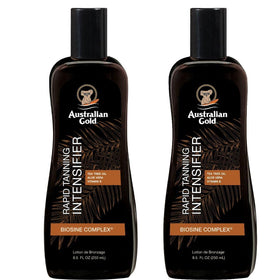Australian Gold front packaging of rapid tanning intensifier showing bottle and label benefit